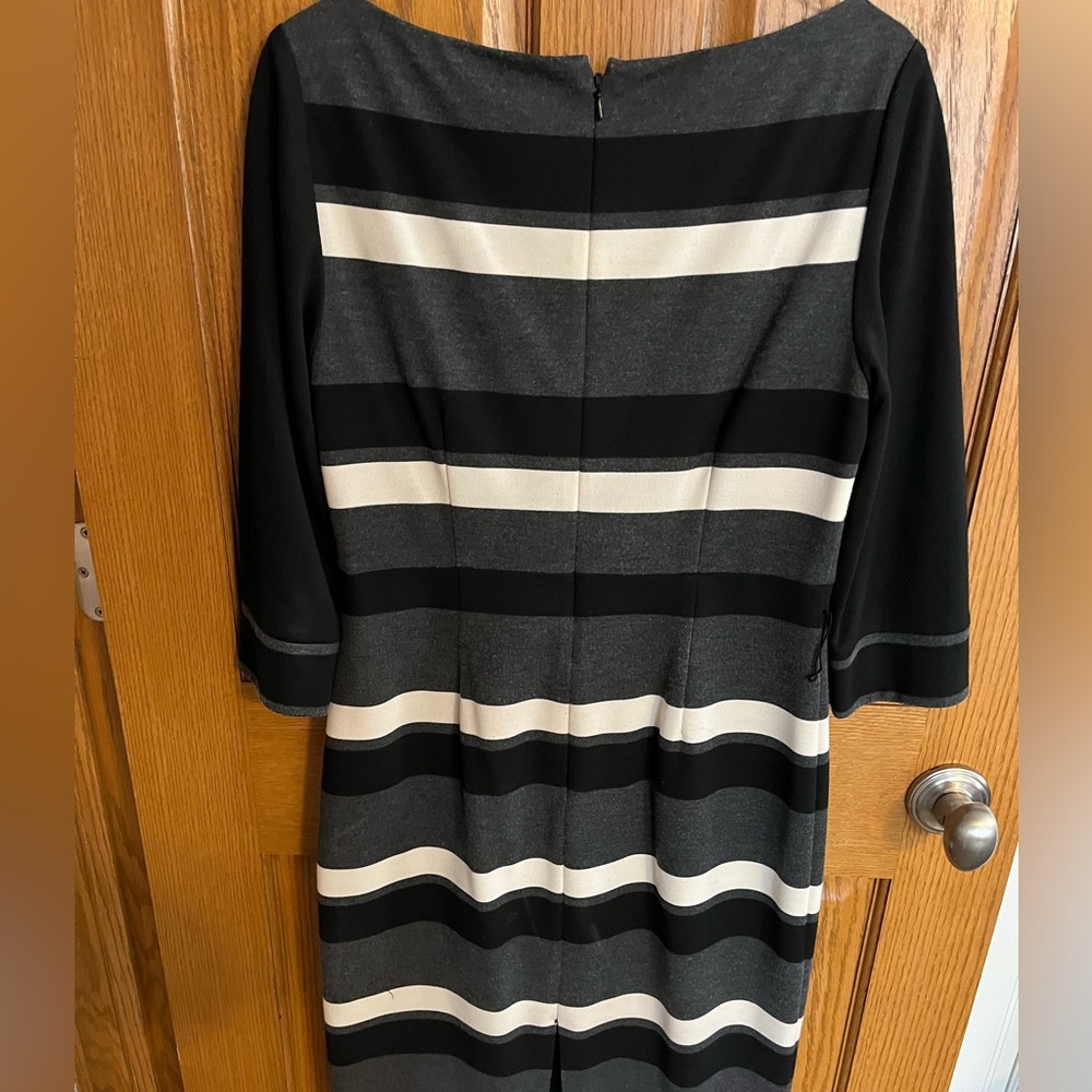 White House Black Market black, gray and cream striped dress. Size 6.